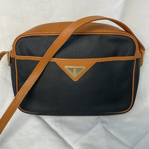 Vintage Yves Saint Laurent Small Canvas Crossbody Bag Leather Trim Black Brown - Picture 3 of 17
